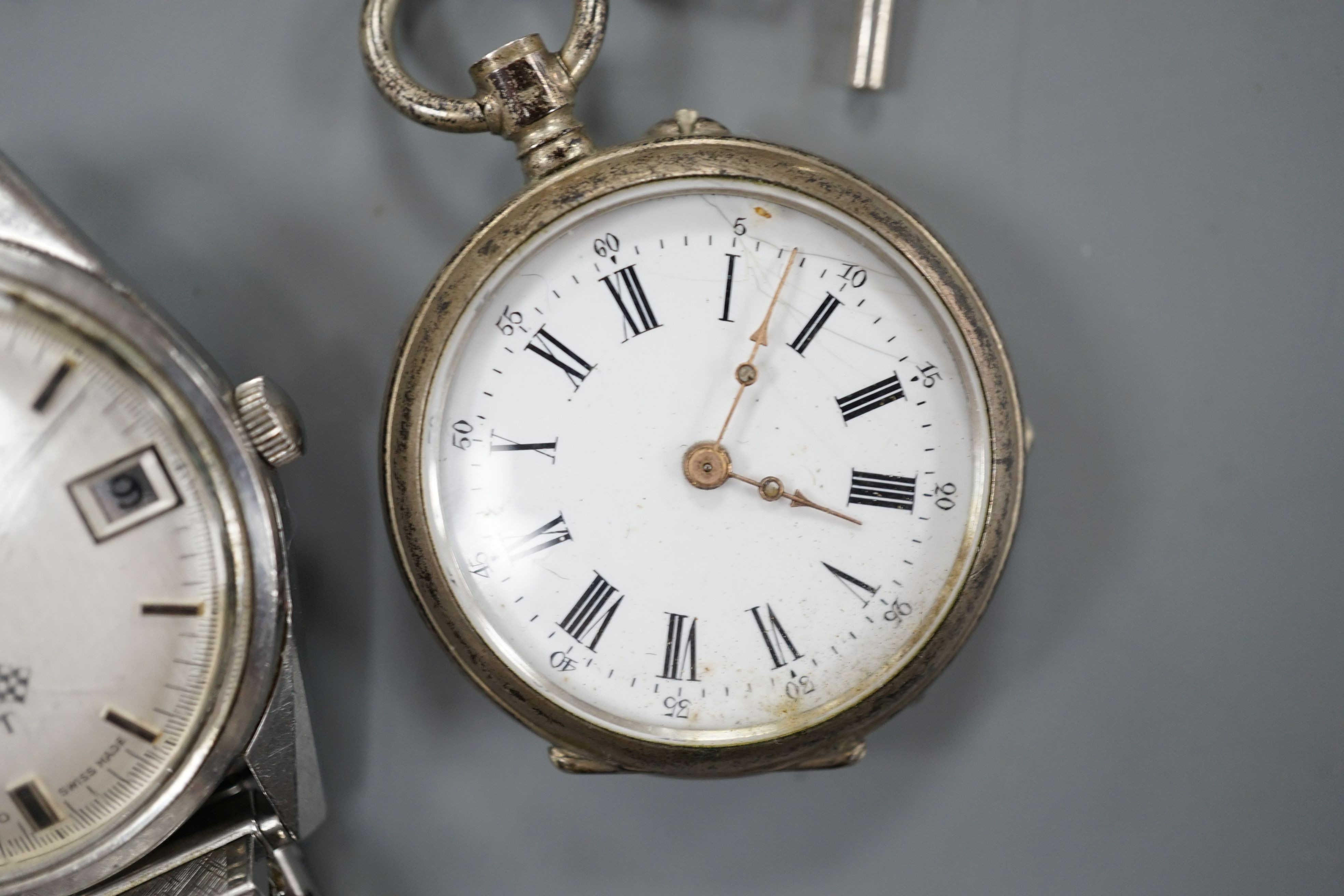 A gentleman's steel Rotary Electronic GT wrist watch and two Swiss white metal fob watches